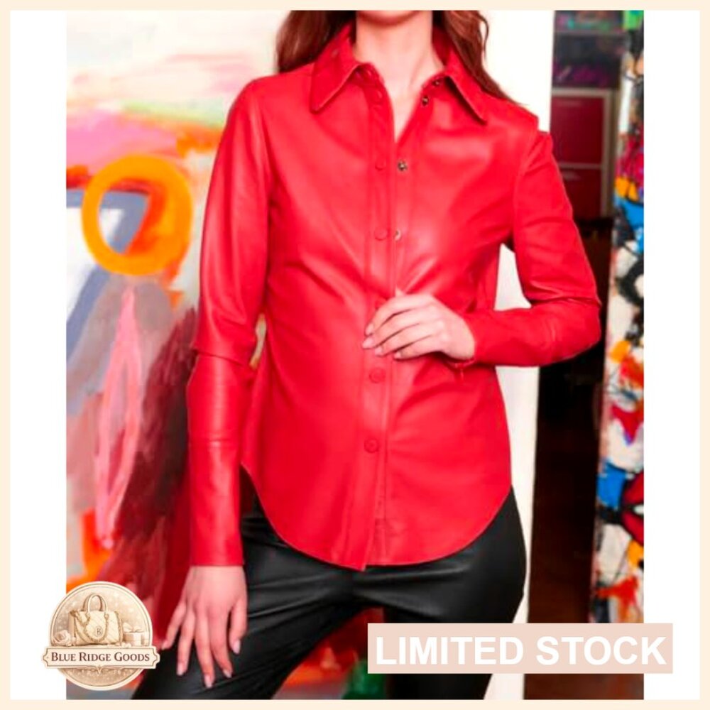 Lambskin Leather Shacket Snap Button Long Sleeve … - image 3